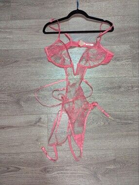 Roma Coral Pink Sheer Lace Teddy Bodysuit